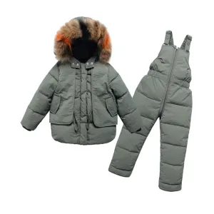 -30℃ Winter Down Suit Thick Warm Hooded Jackets Overalls 2 Pcs