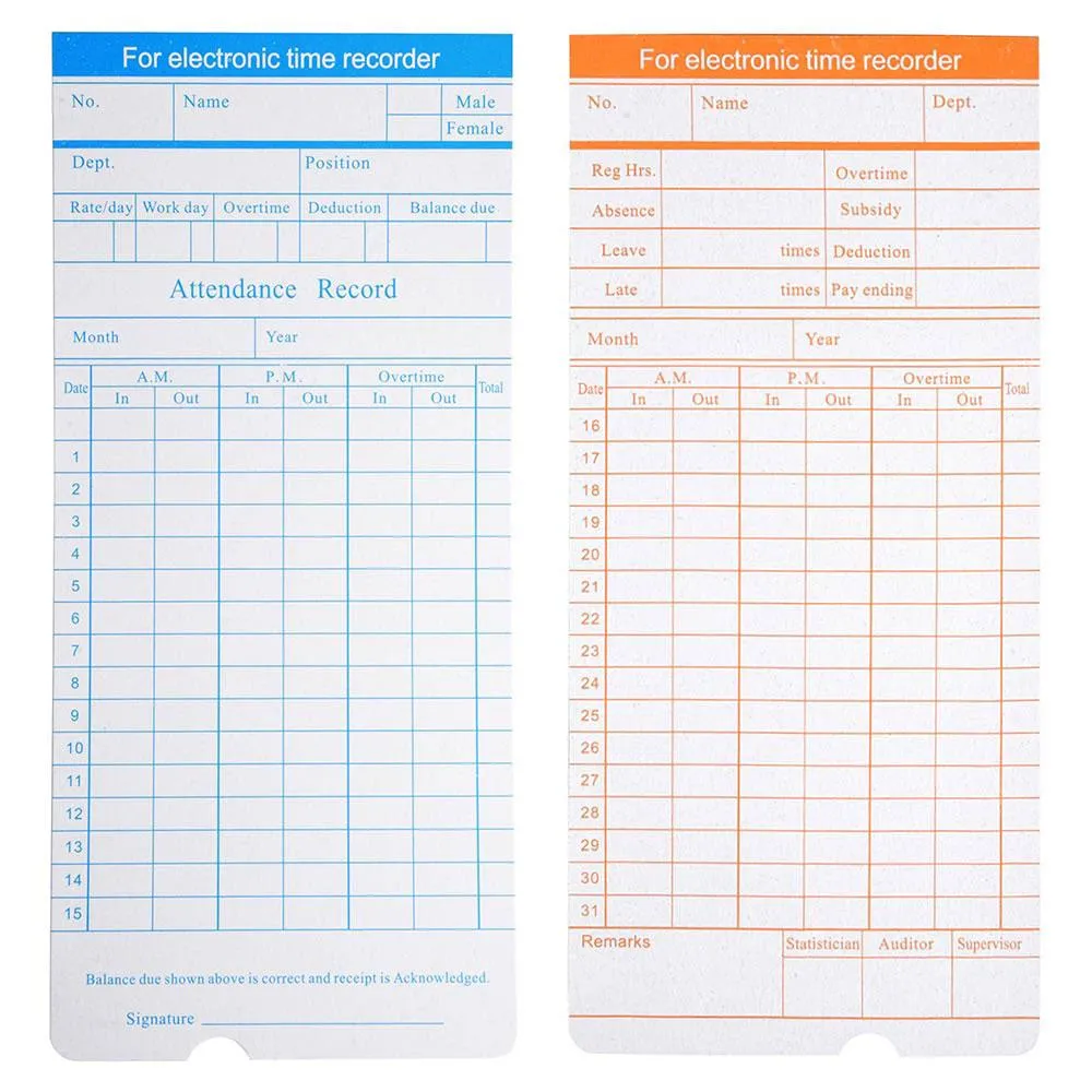 50 Monthly Punch Card Attendance Cards Double Sided