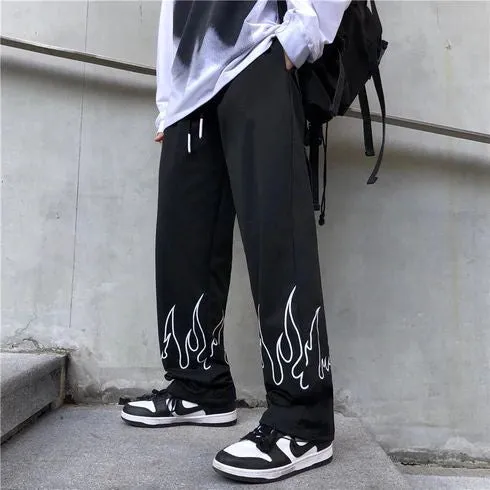 Aesthetic Y2K Fire Flame Straight Fit Baggy Streetwear Joggers Track For Mens