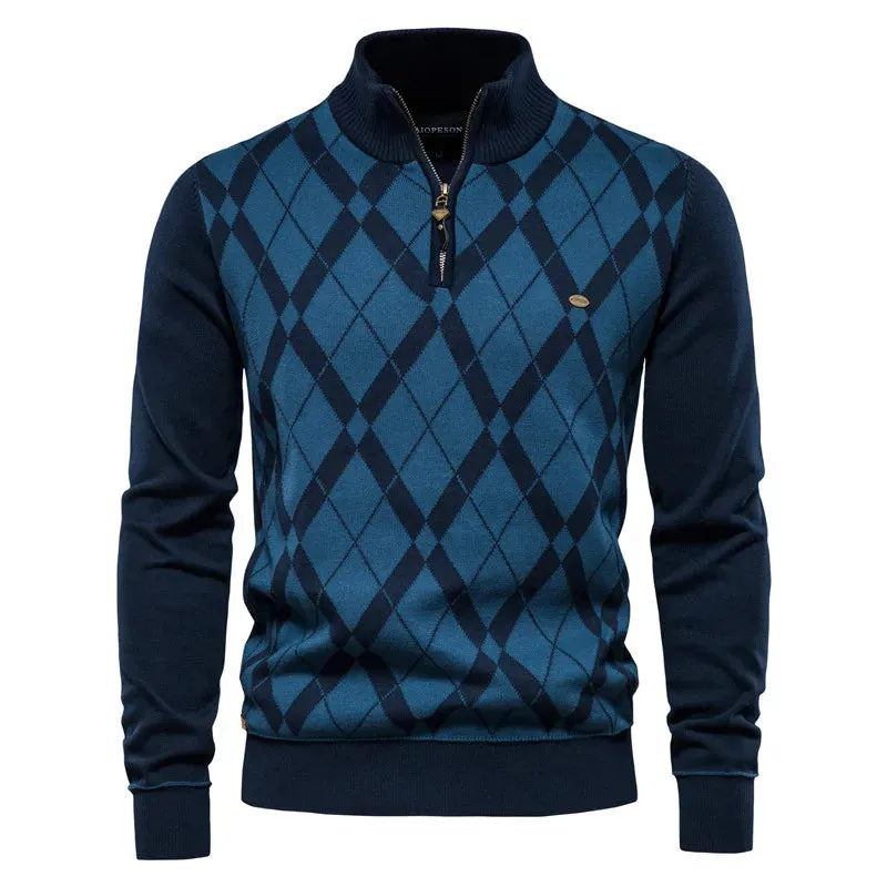 Argyle Men Sweaters Cotton Mock Neck Zipper Patchwork Pullover Men Winter High Quality Fashion Warm Sweaters for Men