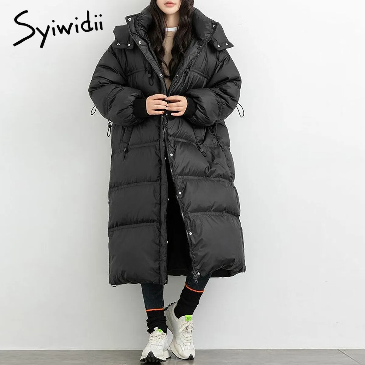 Back to College Joskaa Thicken Oversized Winter Women Jacket with A Hood Stand Collar Female Parkas Black Coat Casual X-long Puffer Outerwear