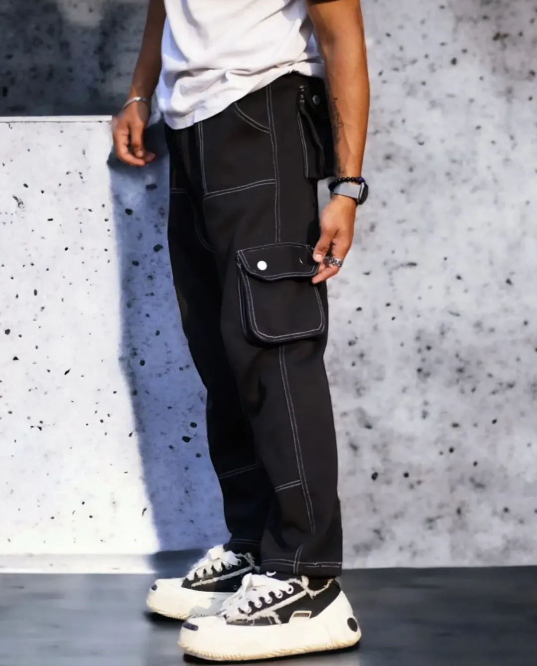 Baggy Straight Fit metal Button Double Stitching Track pant