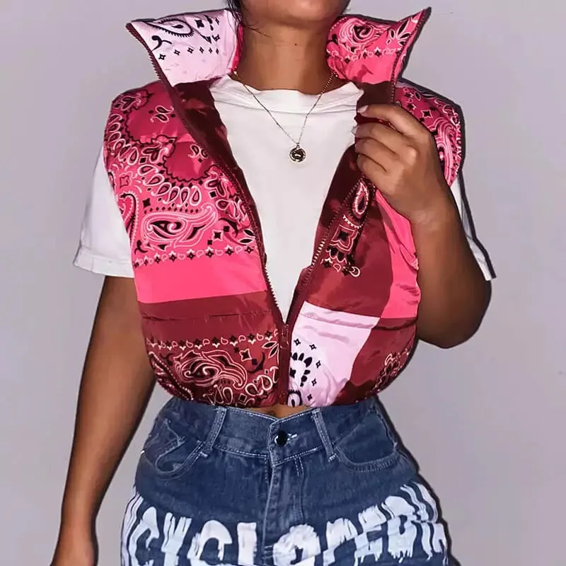 Bandana og puffer bubble crop vest coat jacket