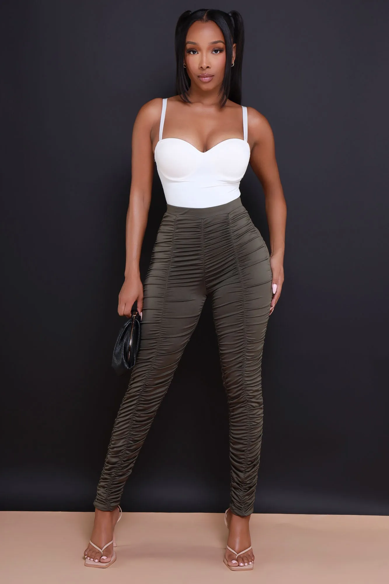 Be Honest Ruched High Waist Pants - Olive Stretch Leggings