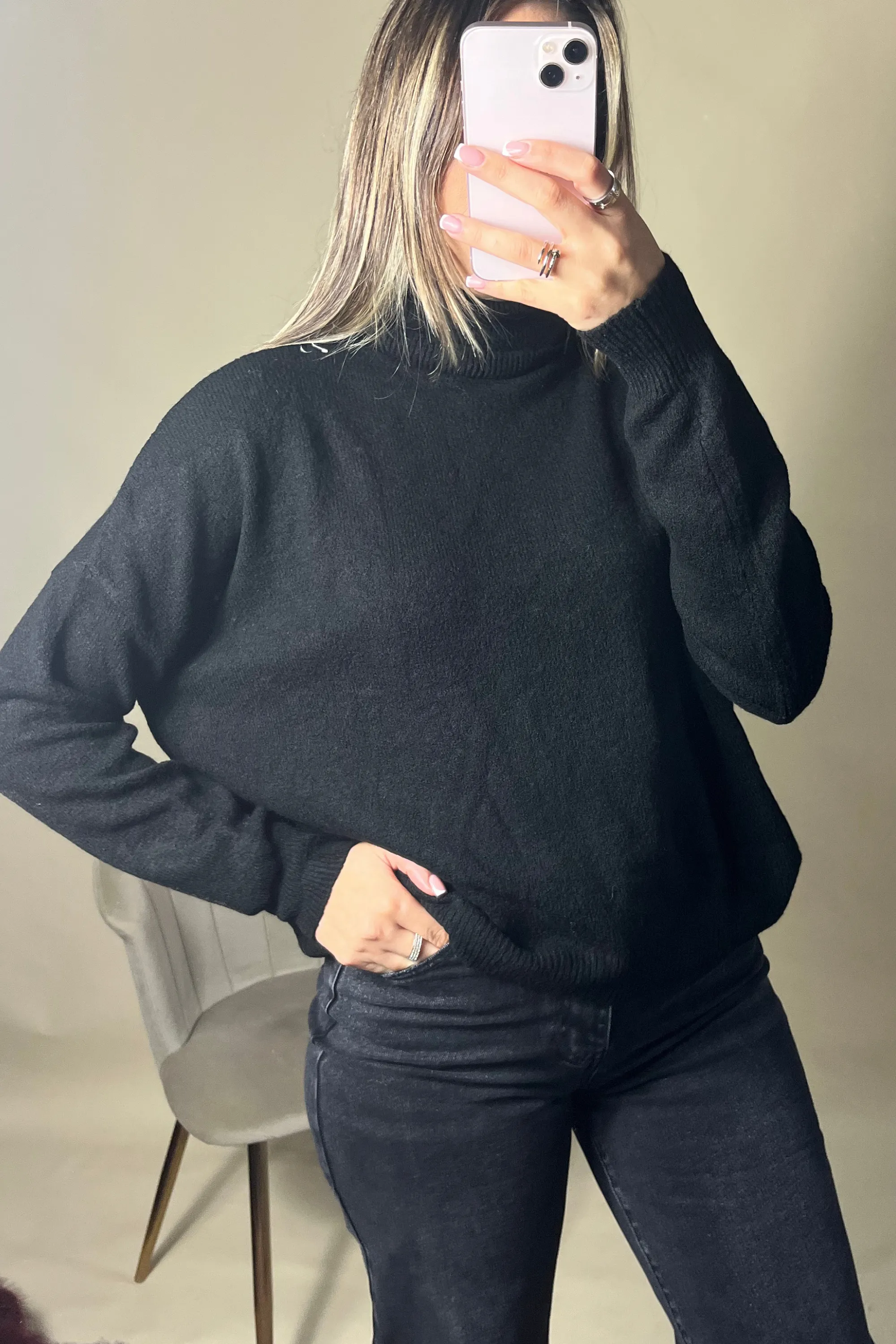 Black relaxed roll neck jumper