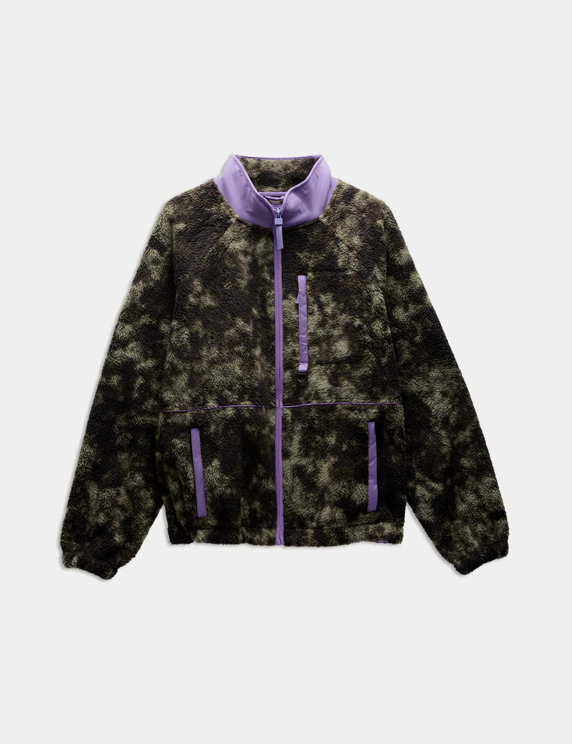 Borg Zip Up Printed Funnel Neck Fleece Jacket - Khaki Mix