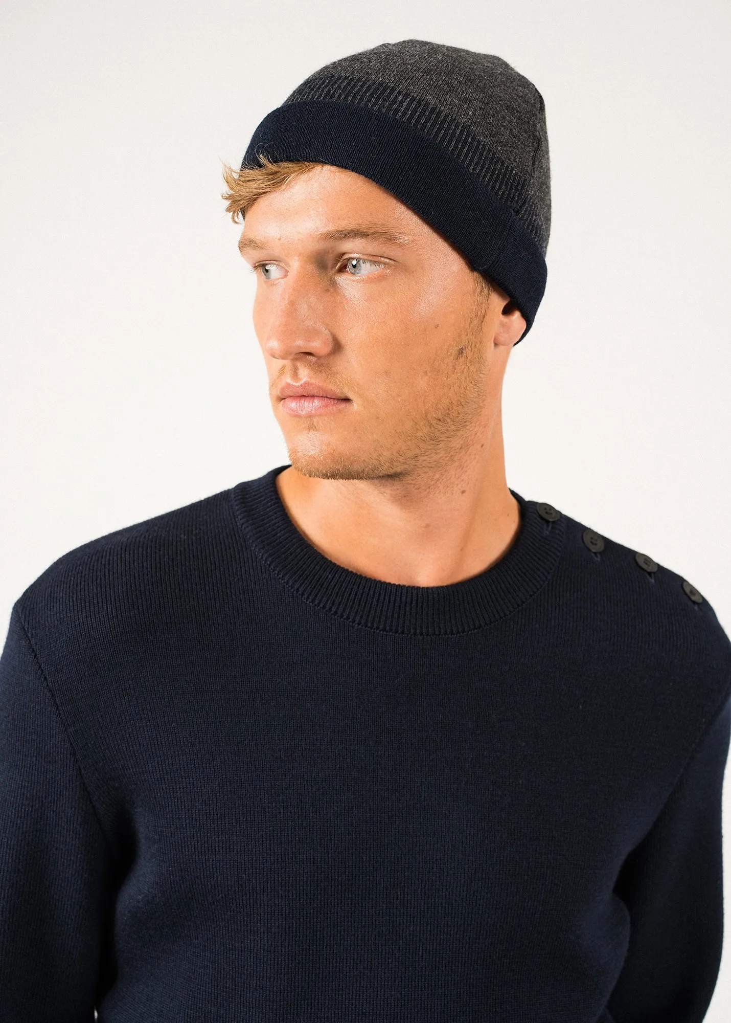 Bretagne Two-tone Beanie - in wool (GRIS/MARINE)