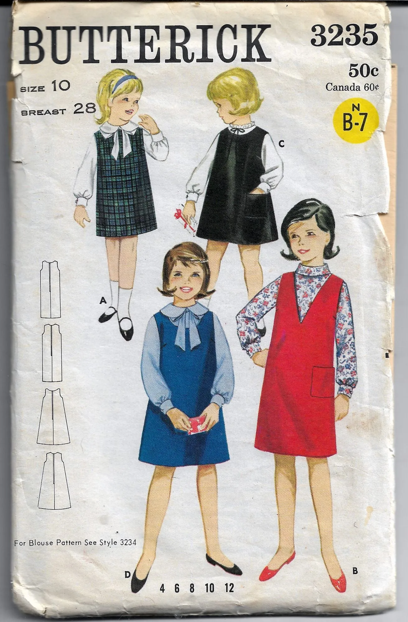 Butterick 3235 Girls Jumper Dress A Line Vintage Sewing Pattern 1960s