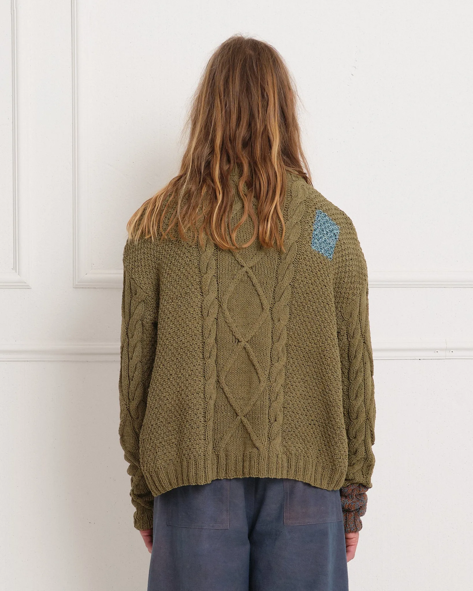 Cable Knit Jumper - Olive Darn-Knit