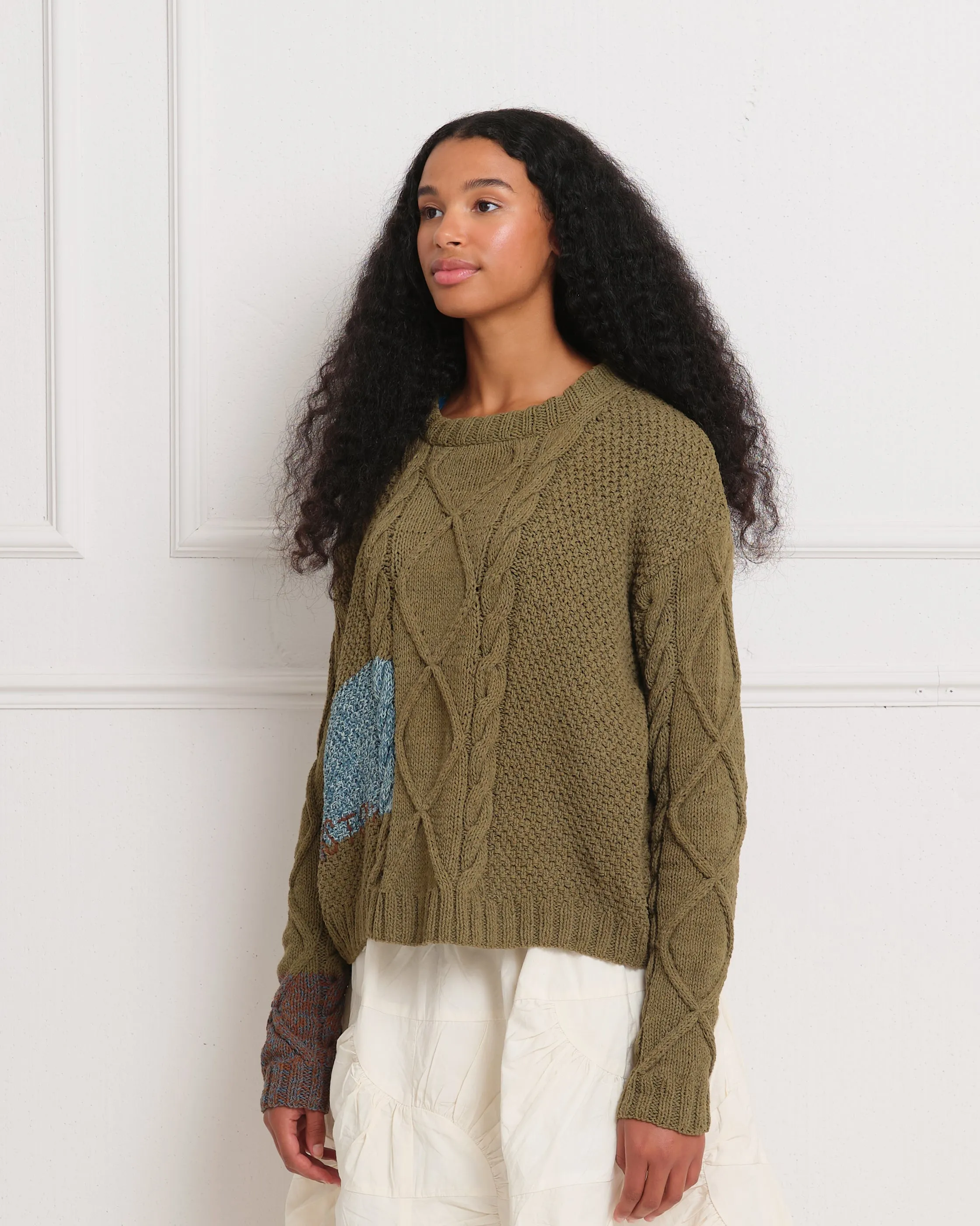 Cable Knit Jumper - Olive Darn-Knit