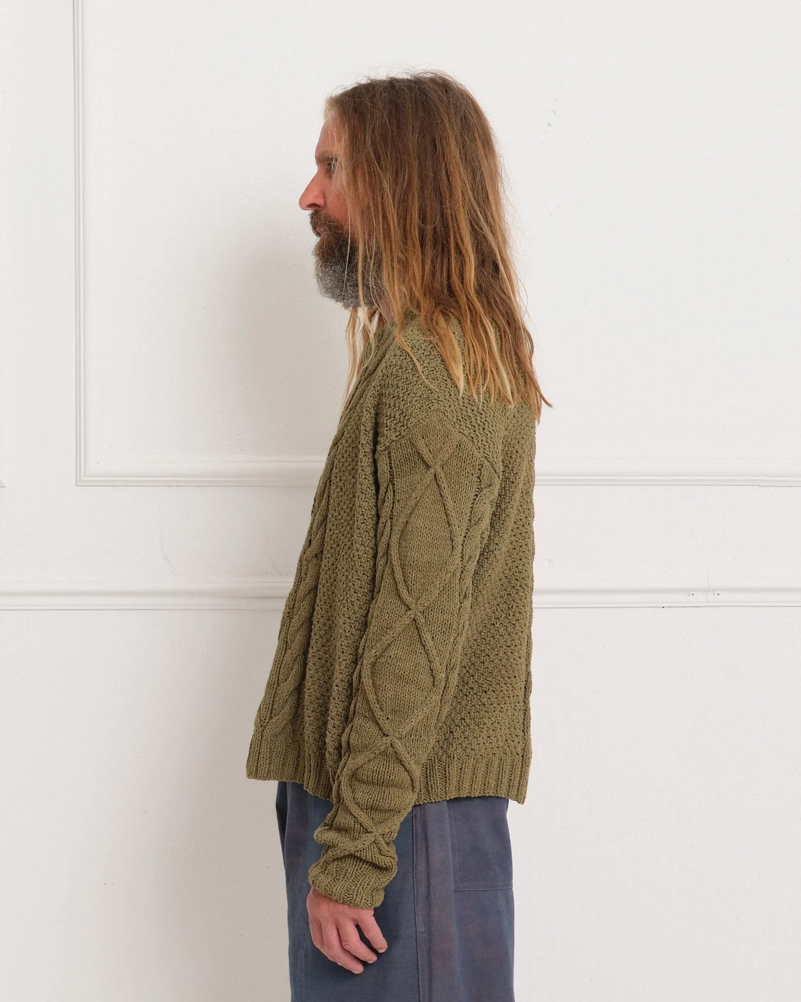 Cable Knit Jumper - Olive Darn-Knit