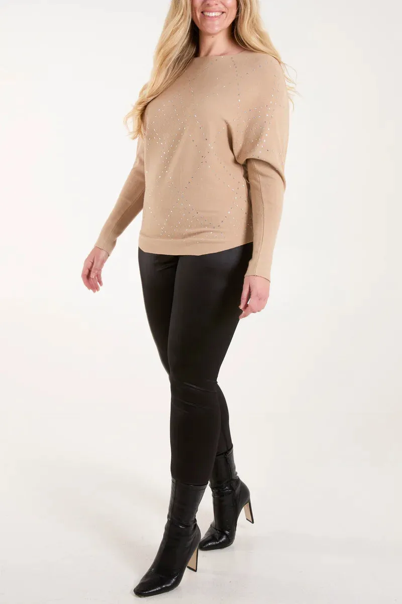 Camel Batwing Sleeve Embellished Jumper