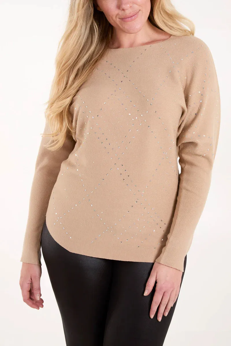 Camel Batwing Sleeve Embellished Jumper