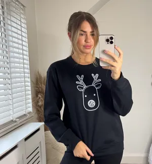 Christmas Black Reindeer Print Crew Neck Sweater