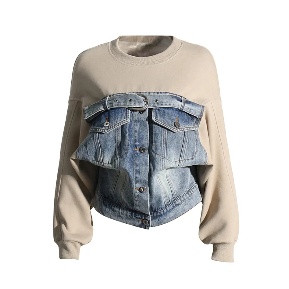 Colorblock Casual Loose Pullover Sweatshirts For Women Round Neck Long Sleeve Patchwork Denim Sweatshirt Female New