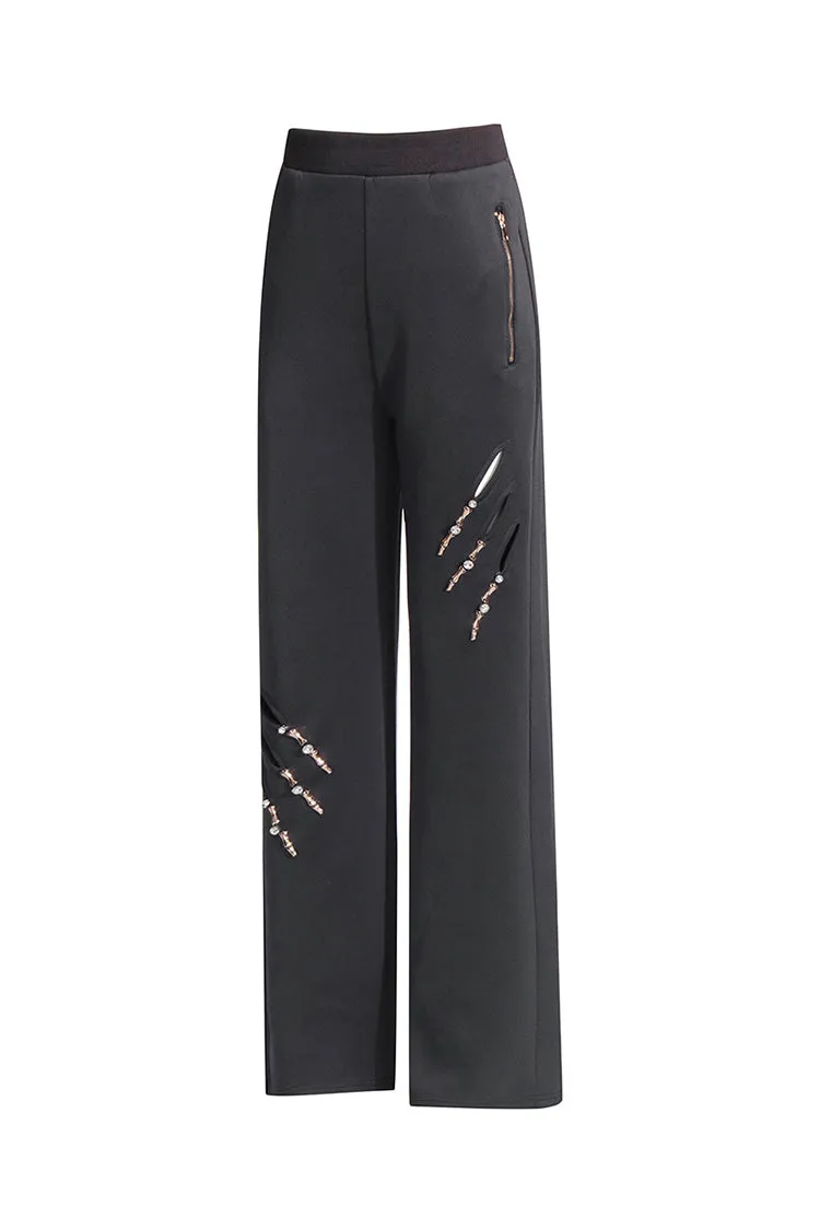 Distinctive Metallic Rhinestone Claw Cutout High Waist Sweat Pants