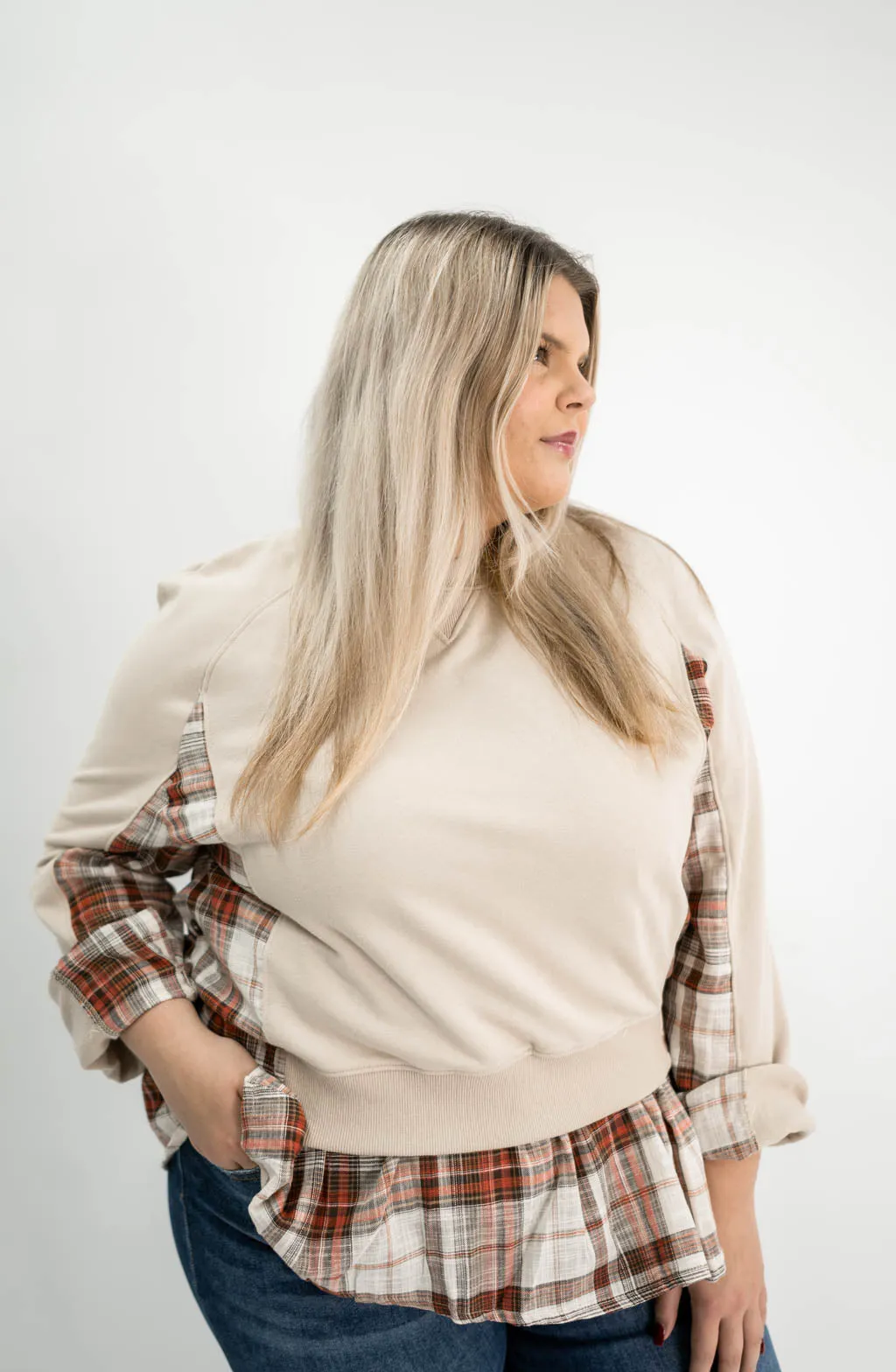 Double Layer Plaid Contrast Curvy Sweatshirt