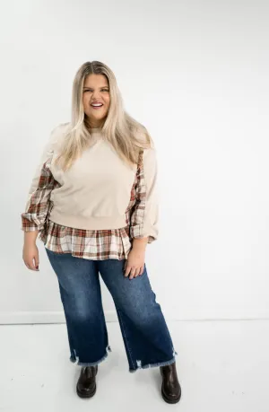 Double Layer Plaid Contrast Curvy Sweatshirt