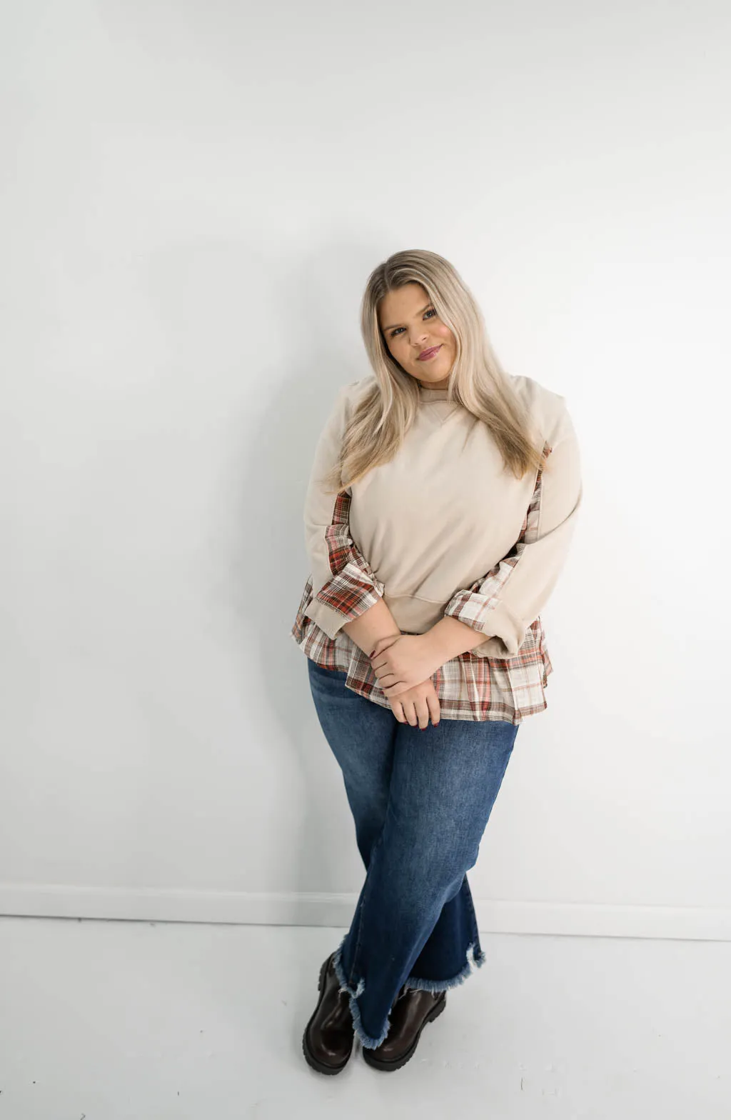 Double Layer Plaid Contrast Curvy Sweatshirt