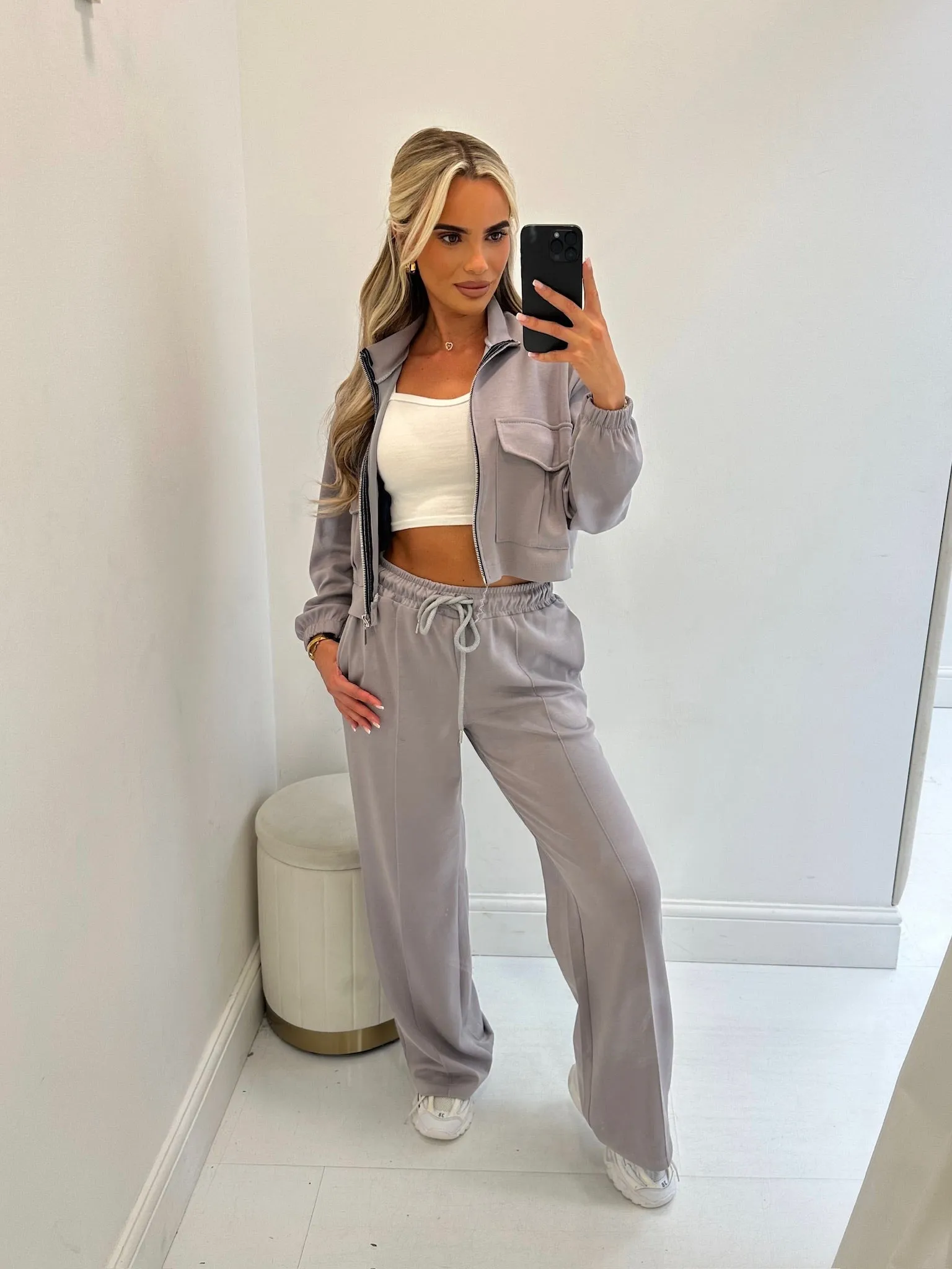 Evie grey zip up wide leg trouser set