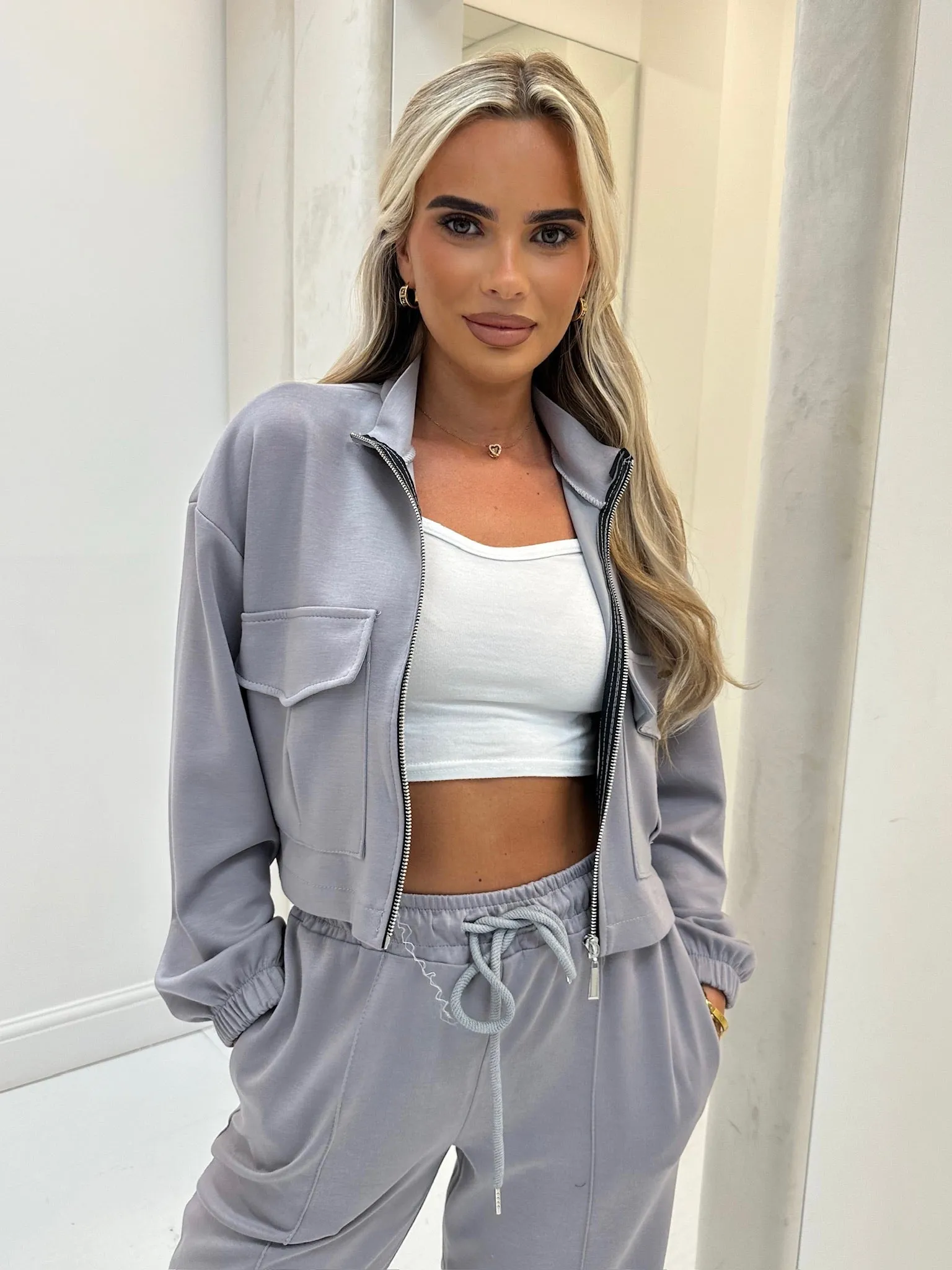 Evie grey zip up wide leg trouser set