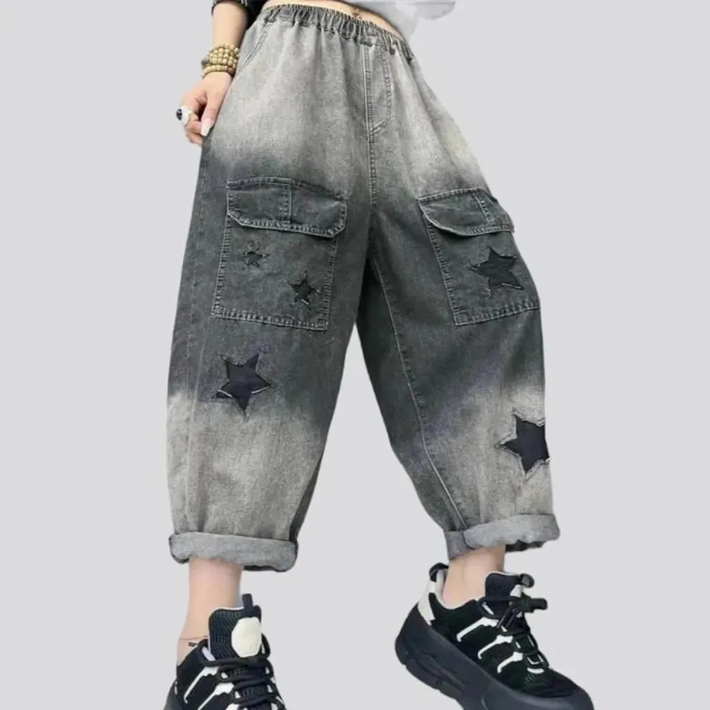 Grey embroidered denim pants for women