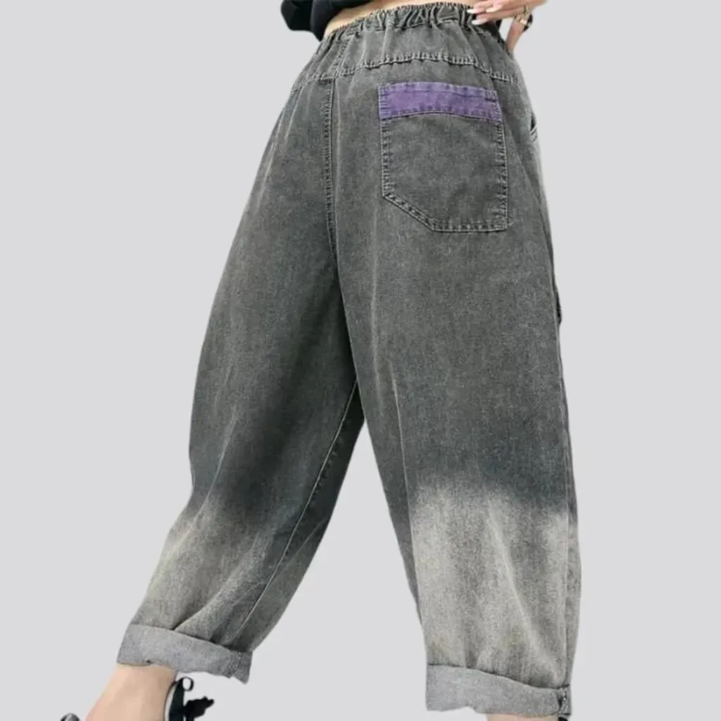 Grey embroidered denim pants for women