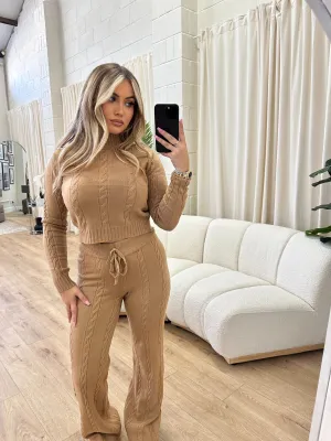 Hailey camel knitted two piece trouser set