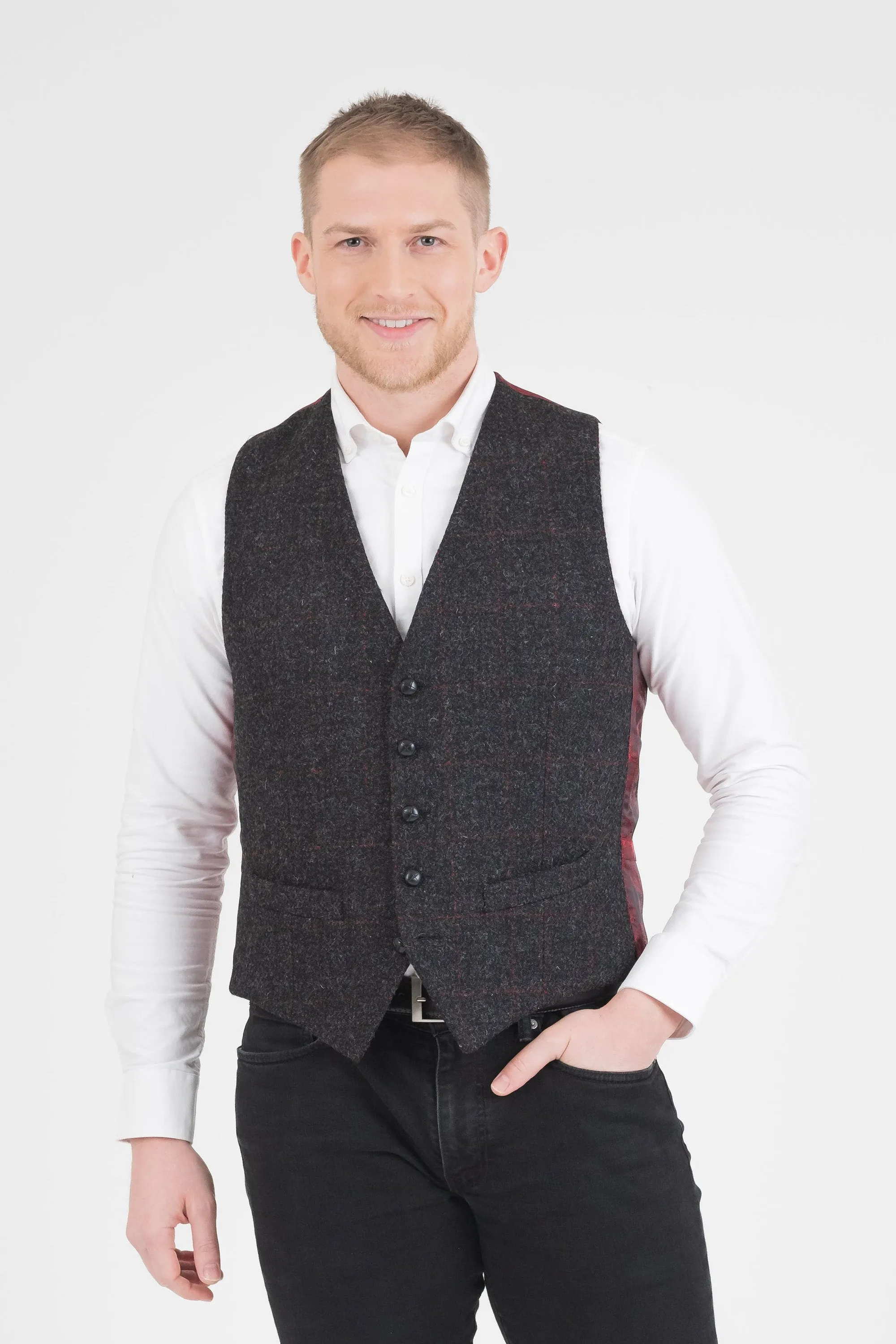 Harris Tweed Iain Waistcoat - Charcoal Red Check