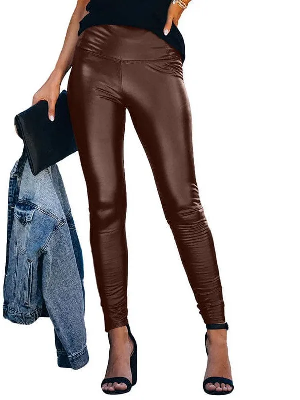 High Waist Pleated Hem PU Leather Pants