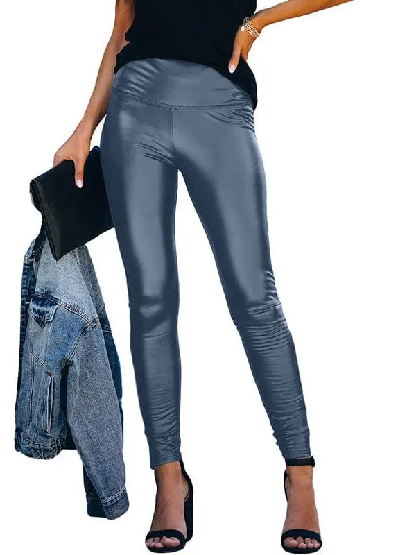 High Waist Pleated Hem PU Leather Pants