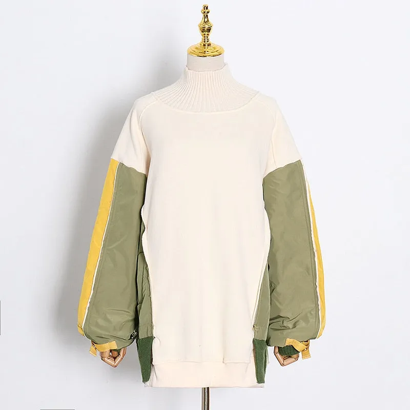 Hit Color Patchwork Loose Tops For Women Turtleneck Long Sleeve Casual Sweatshirt Female Fashion Clothing Style