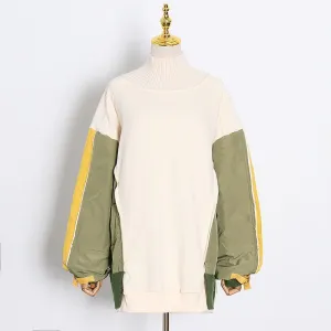 Hit Color Patchwork Loose Tops For Women Turtleneck Long Sleeve Casual Sweatshirt Female Fashion Clothing Style