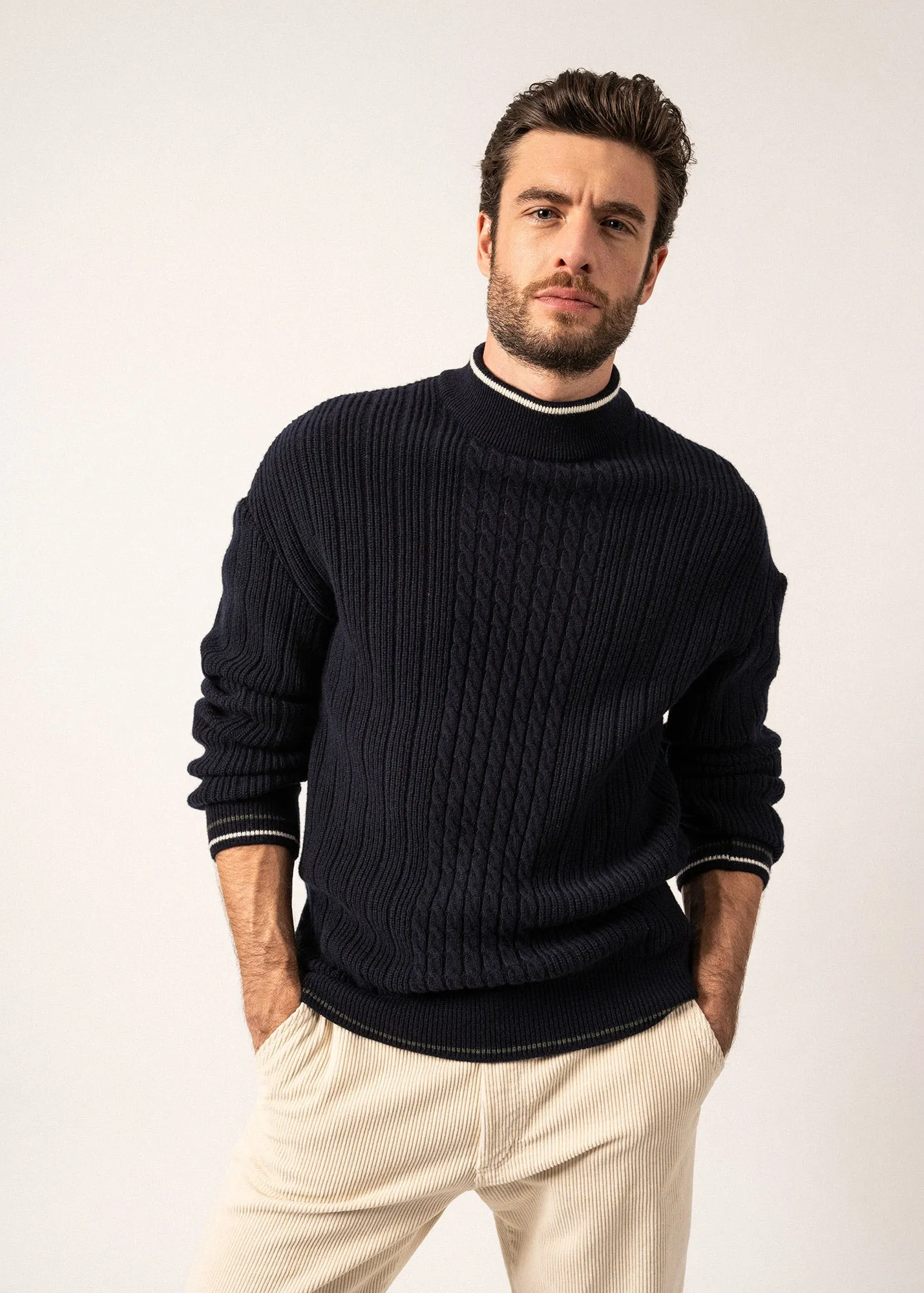 Huez Wool Jumper - with high neck, contrast trims (NAVY/VEGETAL/ECUME)