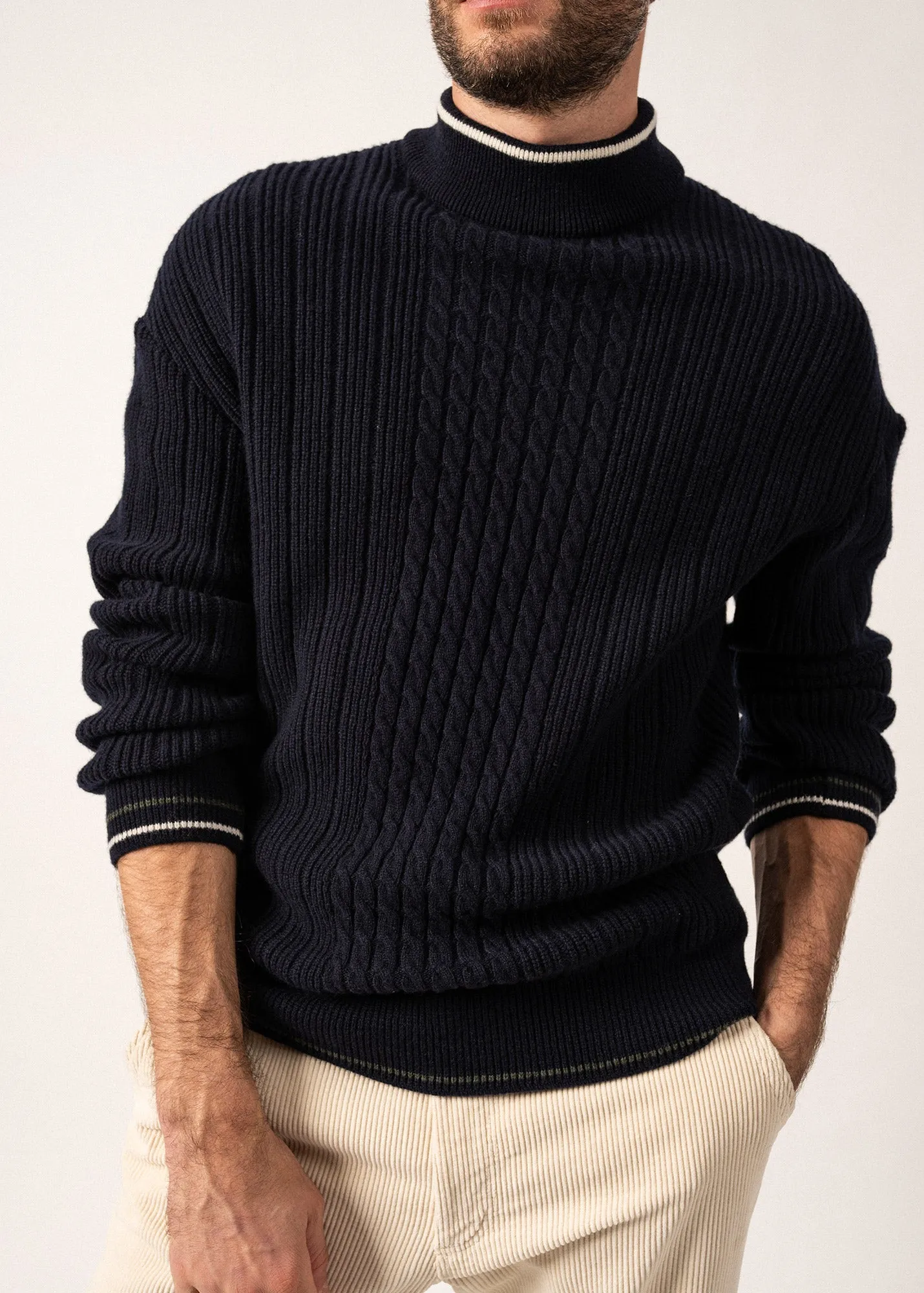 Huez Wool Jumper - with high neck, contrast trims (NAVY/VEGETAL/ECUME)