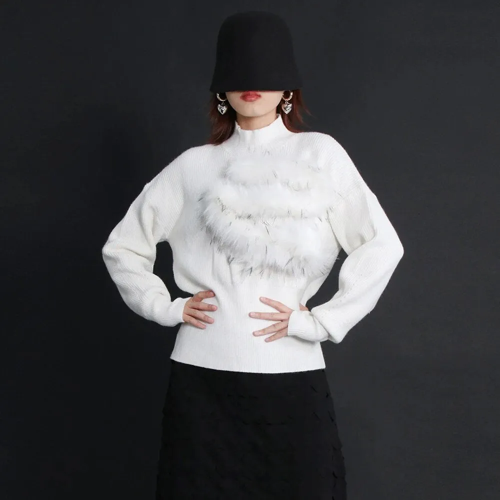 Korean Fashion Patchwork Feather Knitting Sweater For Women Stand Collar Lantern Sleeve Solid Sweaters Female Style