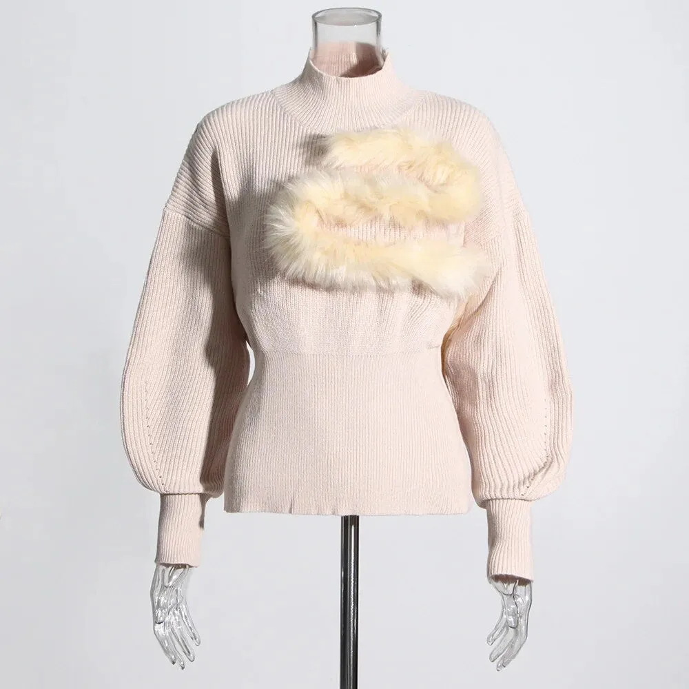 Korean Fashion Patchwork Feather Knitting Sweater For Women Stand Collar Lantern Sleeve Solid Sweaters Female Style