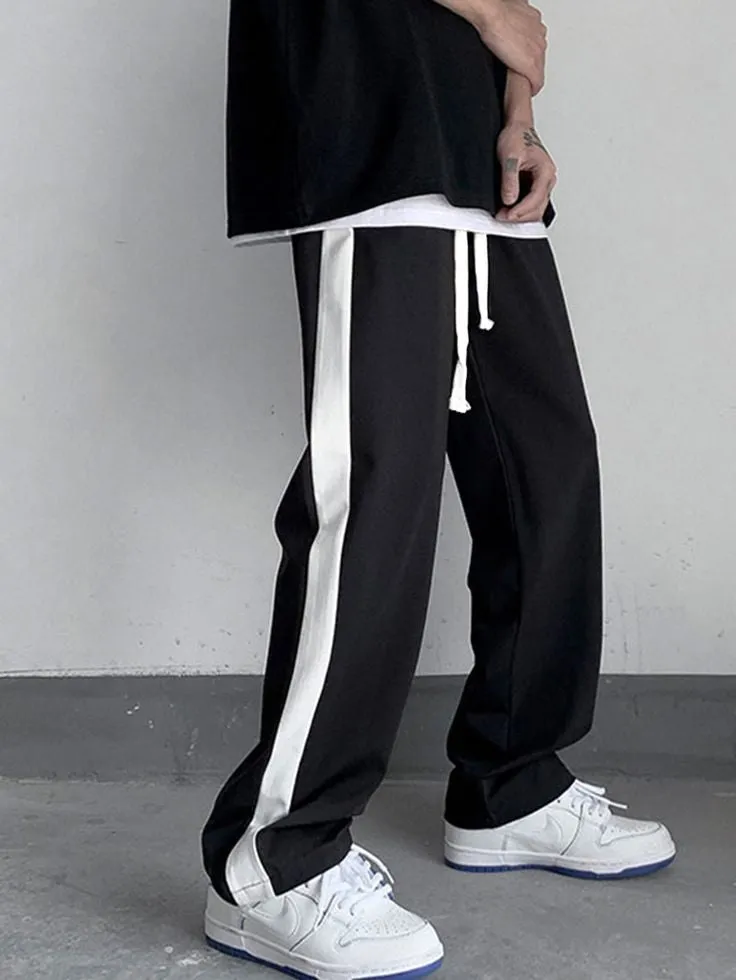 Korean Fashion Streetwear Baggy Straight Fit  Wide Leg Side Strip Sweat Joggers Pant