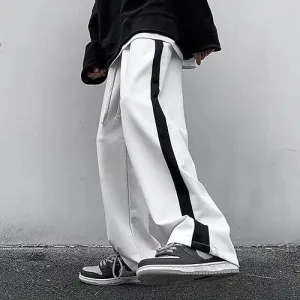 Korean Fashion Streetwear Baggy Straight Fit  Wide Leg Side Strip Sweat Joggers Pant