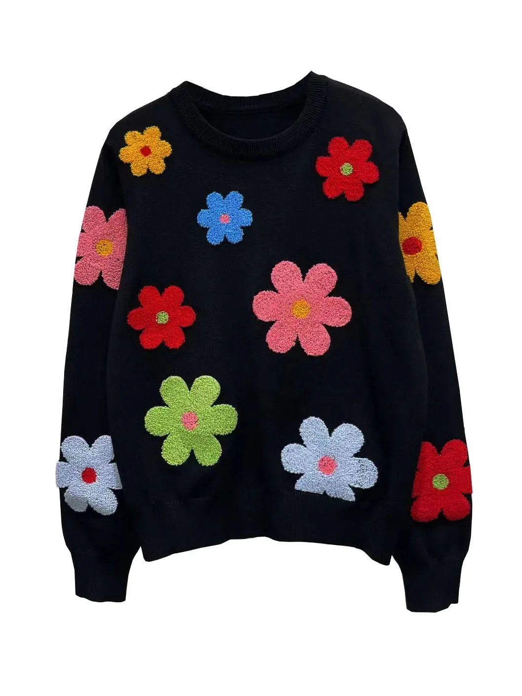 Korean Floral Embroidery Pullover Sweater High Quality Women Elegant O Neck Knitted Tops C-089