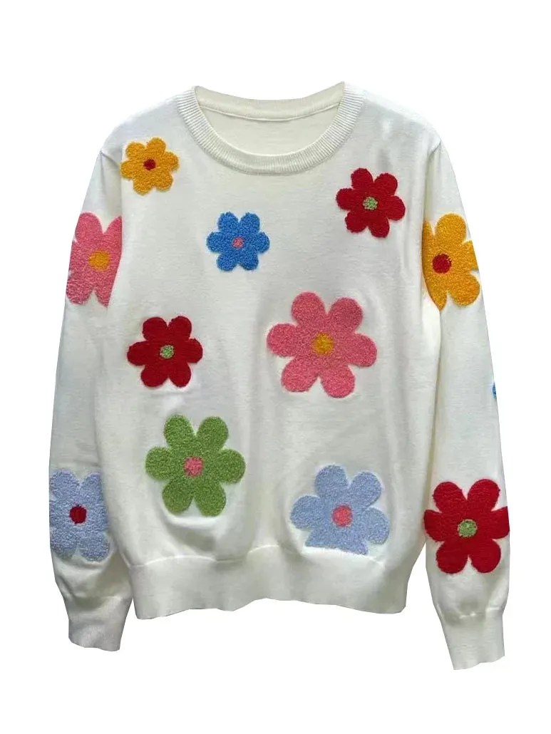 Korean Floral Embroidery Pullover Sweater High Quality Women Elegant O Neck Knitted Tops C-089