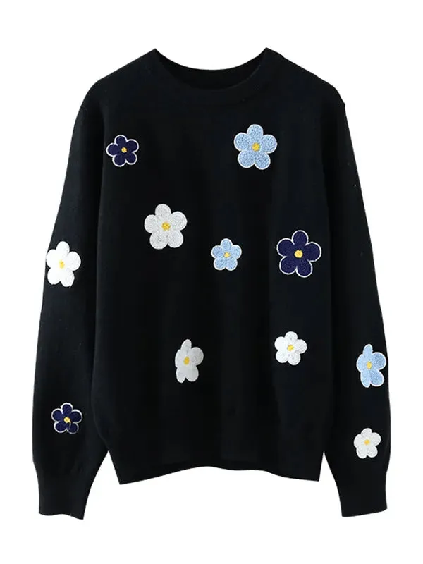 Korean Floral Embroidery Pullover Sweater High Quality Women Elegant O Neck Knitted Tops C-089