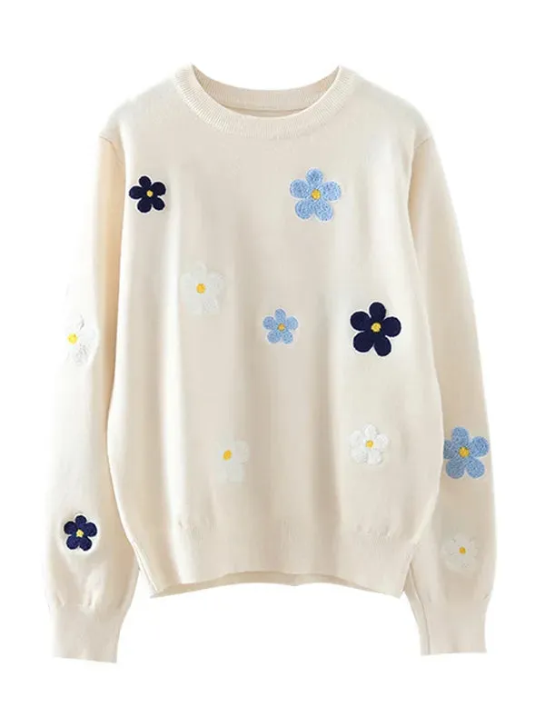 Korean Floral Embroidery Pullover Sweater High Quality Women Elegant O Neck Knitted Tops C-089