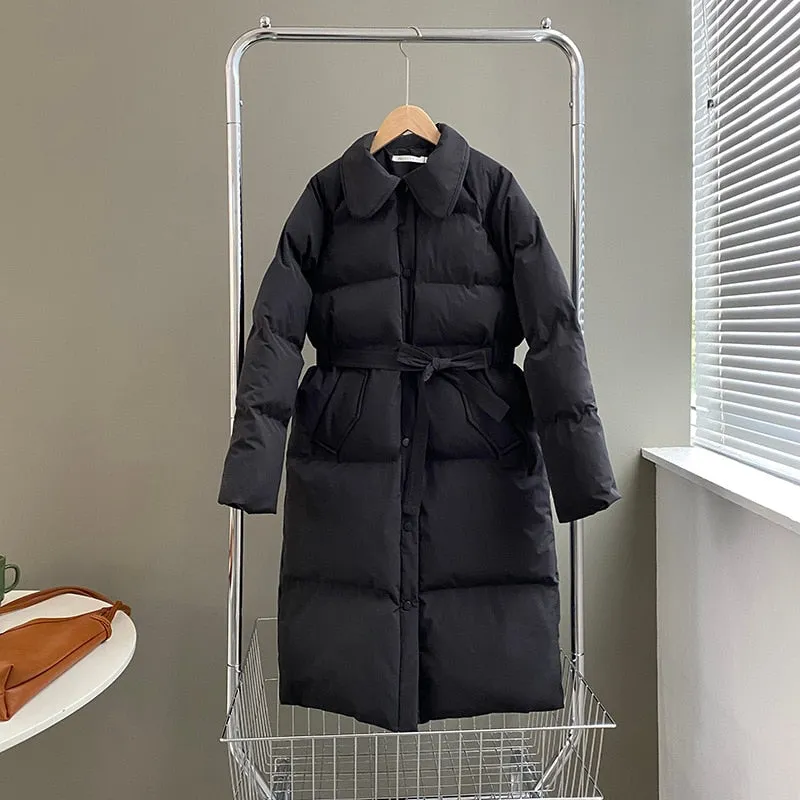 [korean Style] Black White Belted Long Parka Puffer Jacket