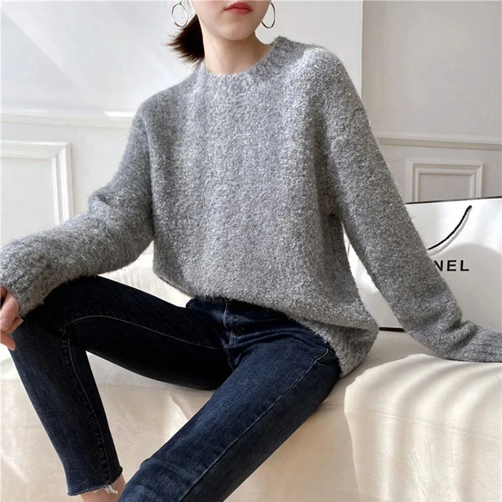 Loose Knitting Sweater For Women Round Neck Long Sleeve Solid Minimalist Casual Korean Pullover Female Autumn