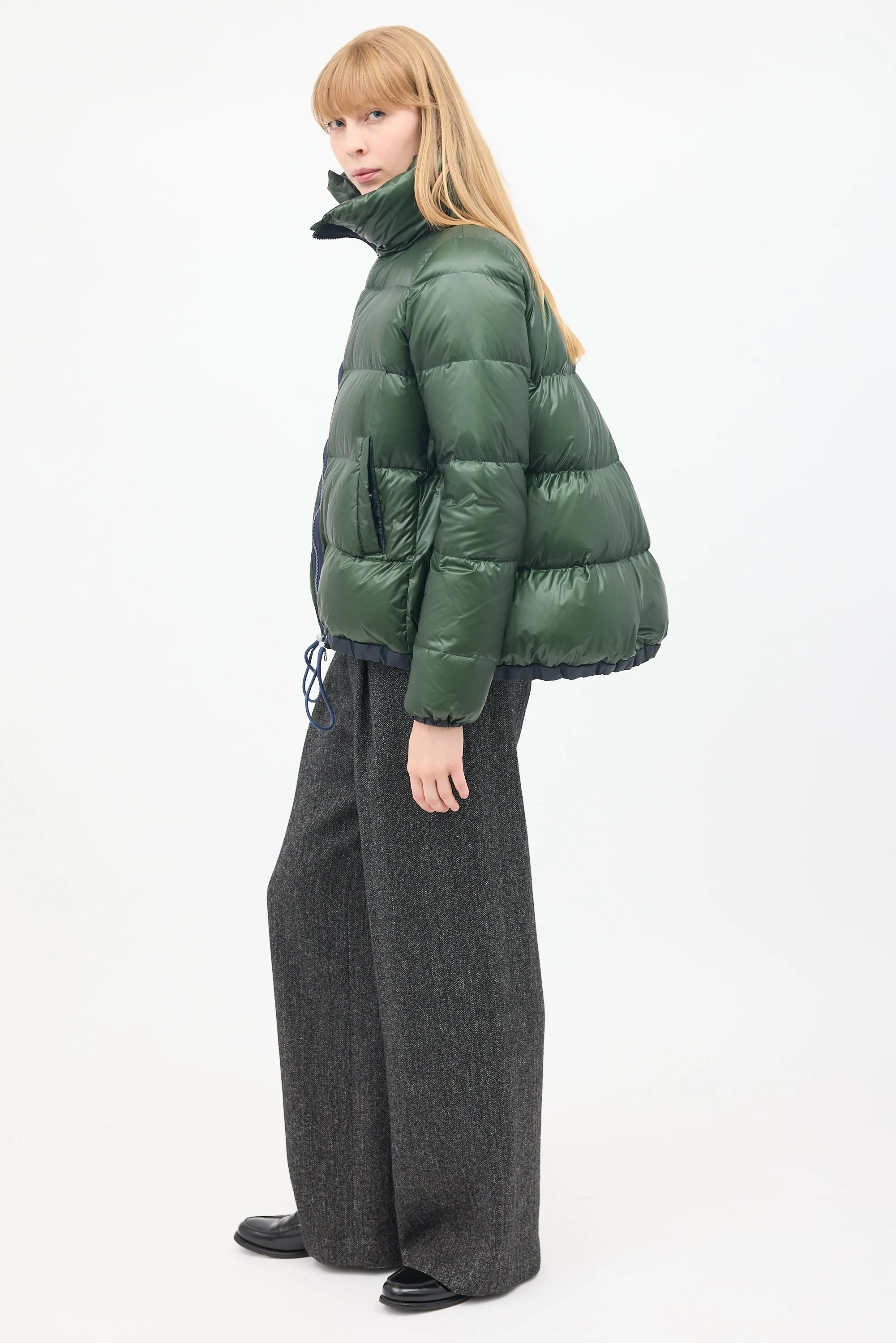 Luck Green Nylon Asymmetric Zip Puffer Jacket