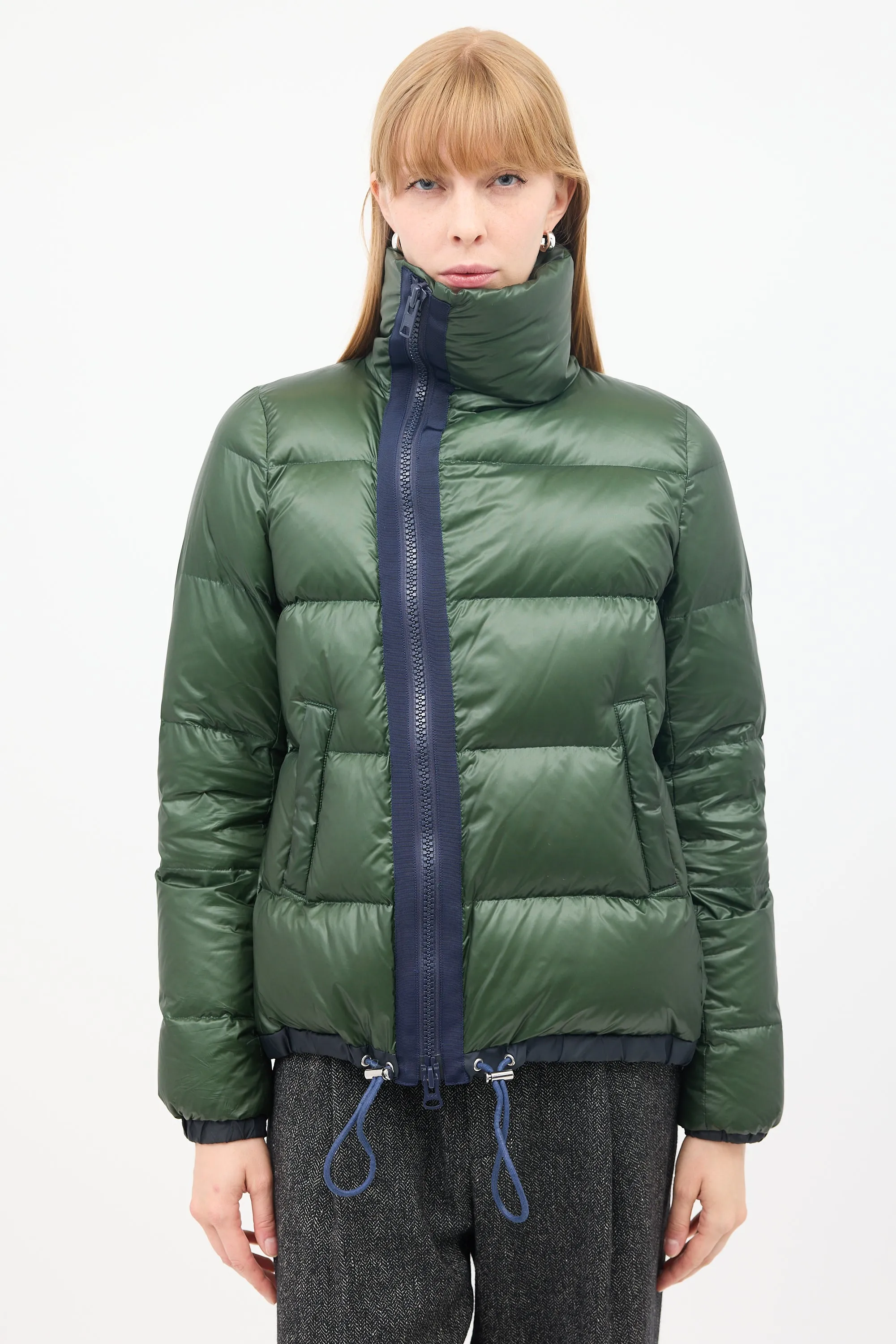 Luck Green Nylon Asymmetric Zip Puffer Jacket