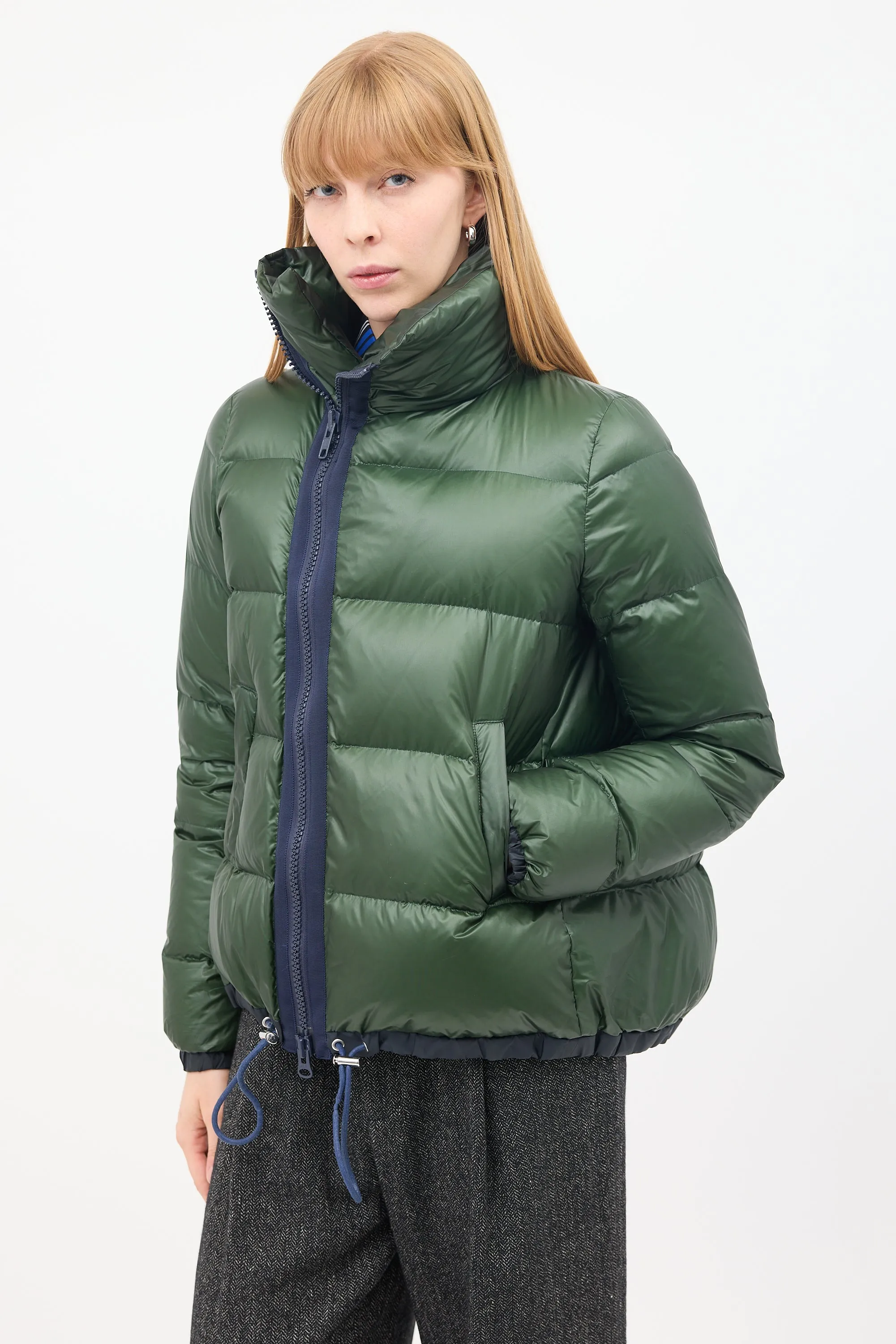 Luck Green Nylon Asymmetric Zip Puffer Jacket