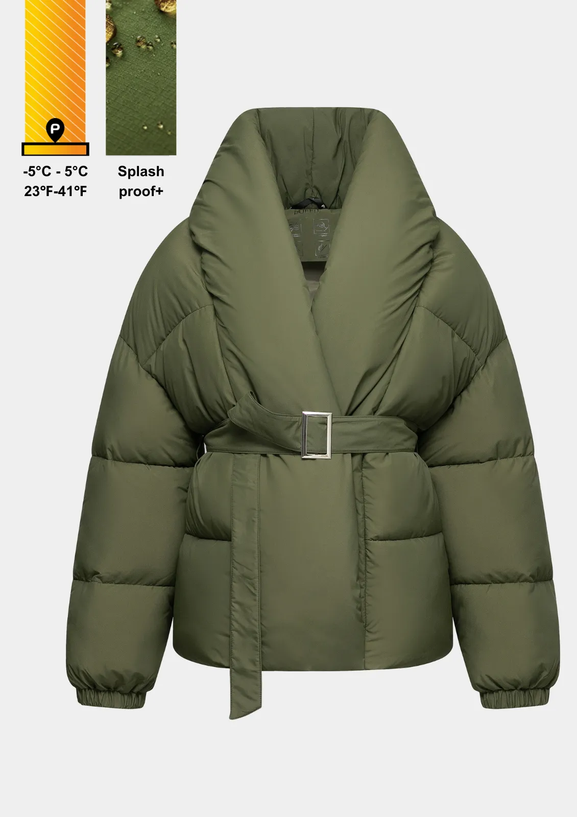 Mid Length Belted Magnet Button Puffer Jacket Splashproof