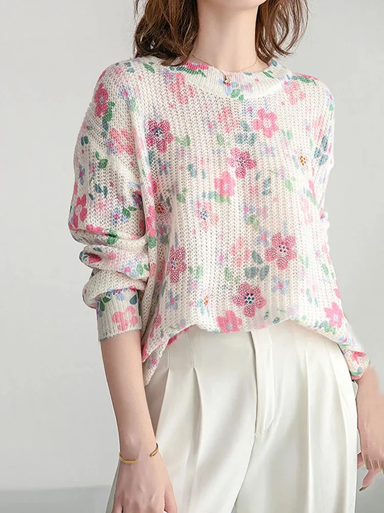 Mohair Sweater Jumper With Diamonds Women Spring Autumn Floral Printed Casual Pullovers Pull Femme Vintage Knitwear  B-009